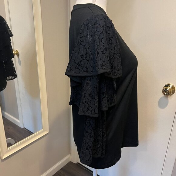 Pleione Black Lace Tiered Ruffle sleeve top, Size Small - Picture 6 of 12